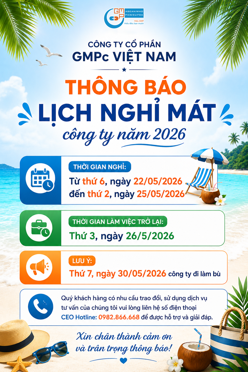 GMPc Việt Nam thông báo lịch nghỉ mát công ty 2026